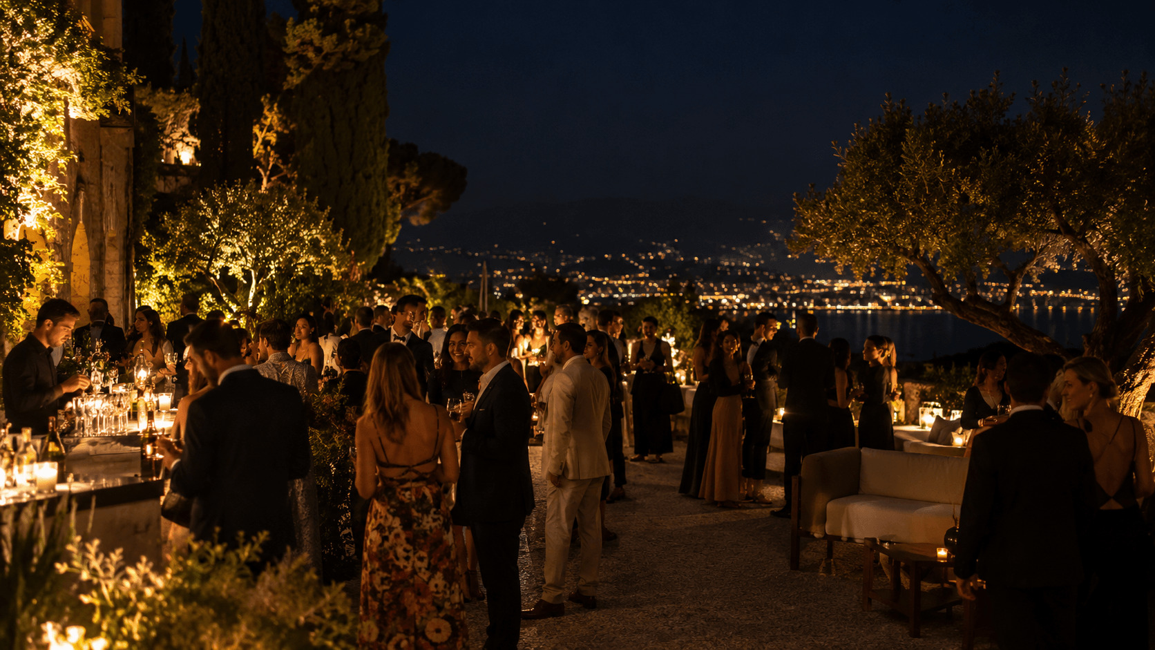 Gäste bei einem Gartenempfang im Kerzenlicht mit Blick auf die Stadt